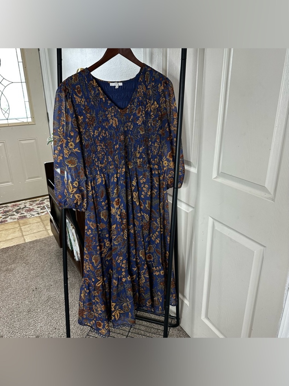 Maurices Navy Floral Smocked Midi Dress with Gold Accents ❄️